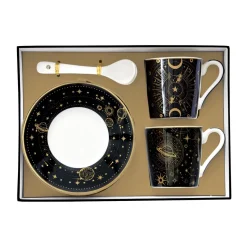 Easy Life Ensemble de 2 petites tasses à espresso de 100 ml avec soucoupes et cuillères, dans une boîte cadeau CELESTIAL Hot