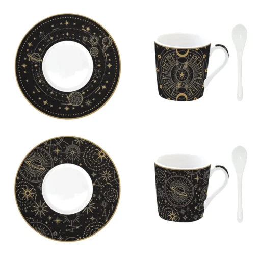 Easy Life Ensemble de 2 petites tasses à espresso de 100 ml avec soucoupes et cuillères, dans une boîte cadeau CELESTIAL Hot
