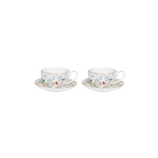 Easy Life Ensemble de 2 tasses à café avec soucoupes FLEURS ET PAPILLONS New