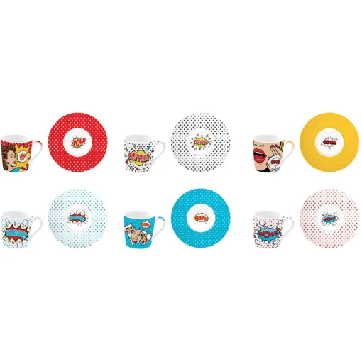 Easy Life Ensemble de 6 tasses à espresso de 100 ml avec soucoupesPOP ART Clearance