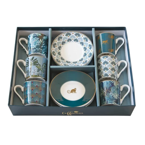 Easy Life Ensemble de 6 tasses à espresso de 100 ml avec soucoupes COFFEE Mania JUNGLE Best