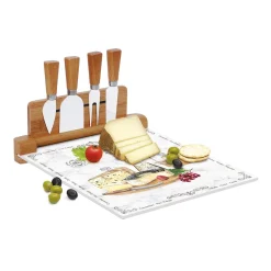 Easy Life Planche à fromage avec plateau en verre et 4 couteaux à fromage LES FROMAGES New